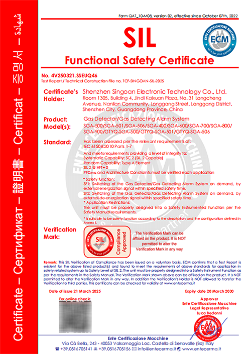 固定氣體泄漏偵測儀SIL證書
